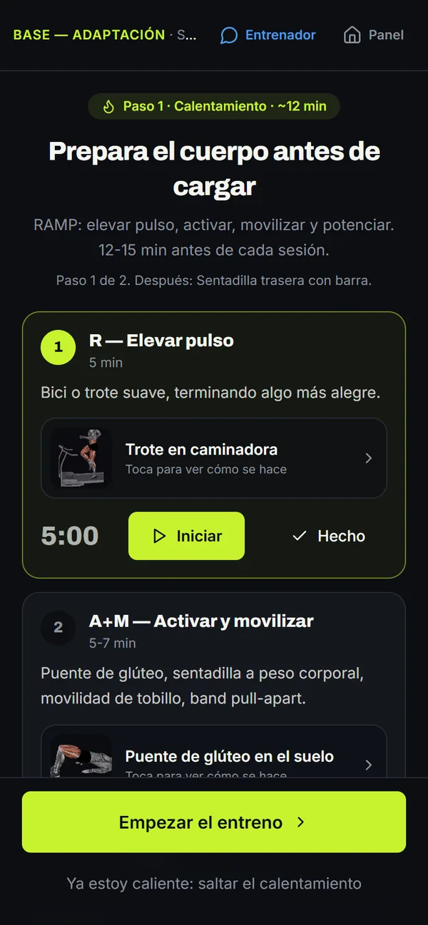 Calentamiento guiado: Paso a paso, con temporizador y el video de cada ejercicio.