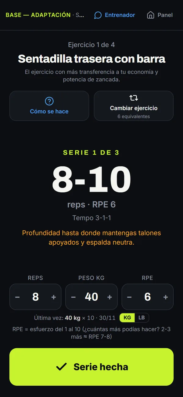 Pantalla de una serie en el modo entreno de Fortius