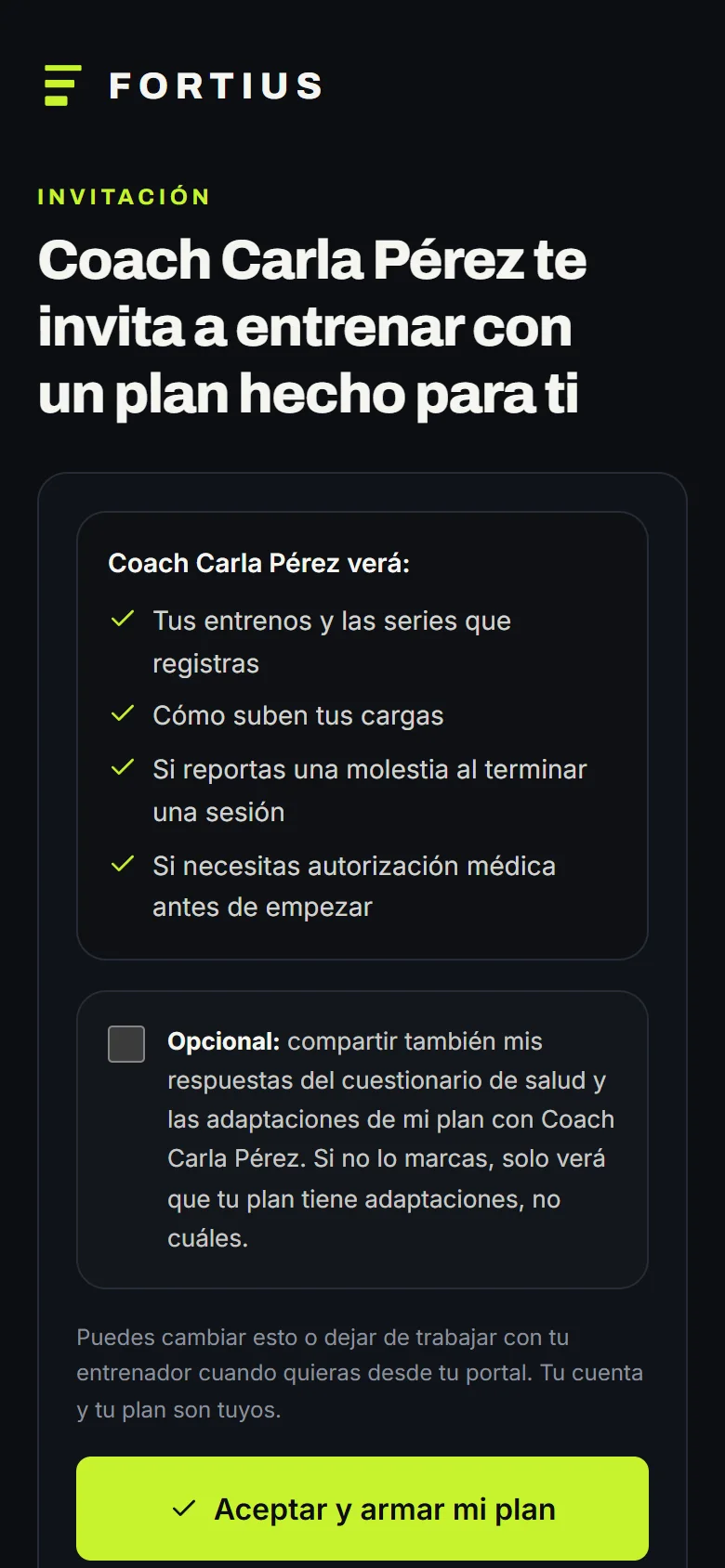 Pantalla de invitación con consentimiento