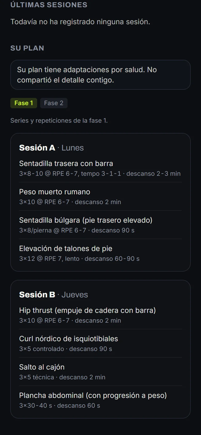 Plan de un cliente que no compartió su salud: solo la estructura